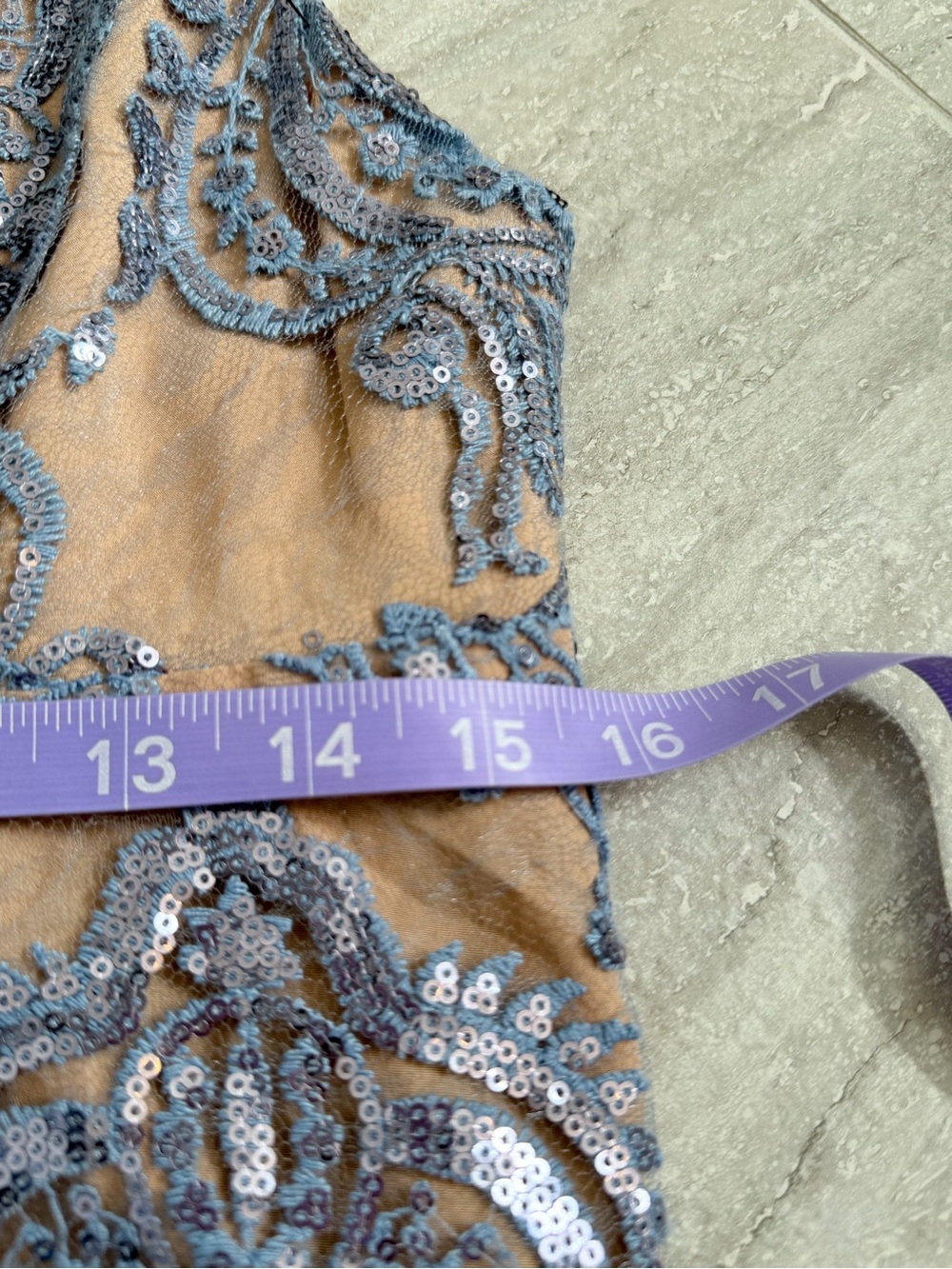 Free People Blue Sequin Lace Mesh Mini Slip Dress Nude Lined Women’s US 8 - Picture 11 of 12